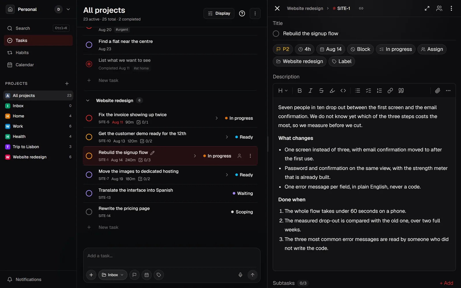 A task open in the side panel: workflow state, subtasks, and a full written description