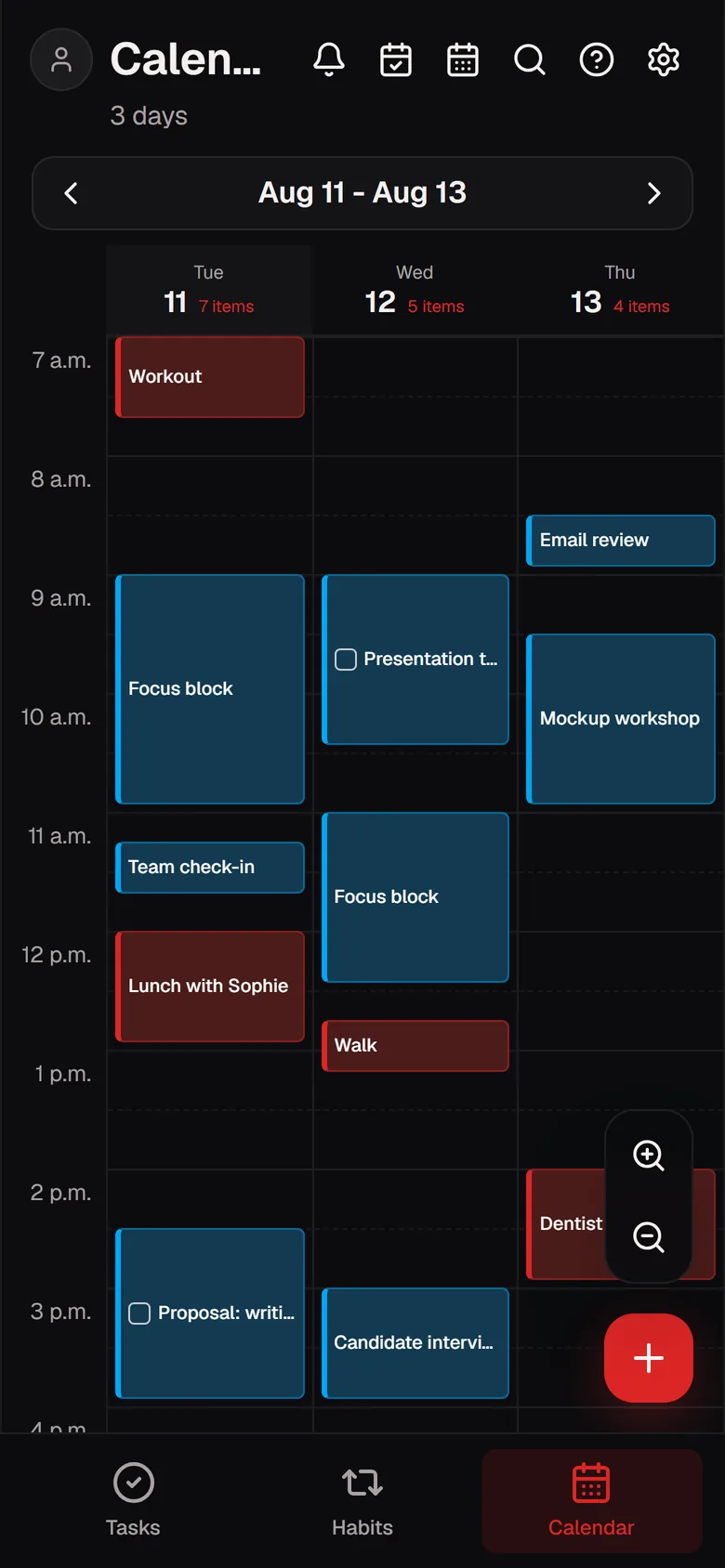 Taskessa on a phone: the next three days, planned