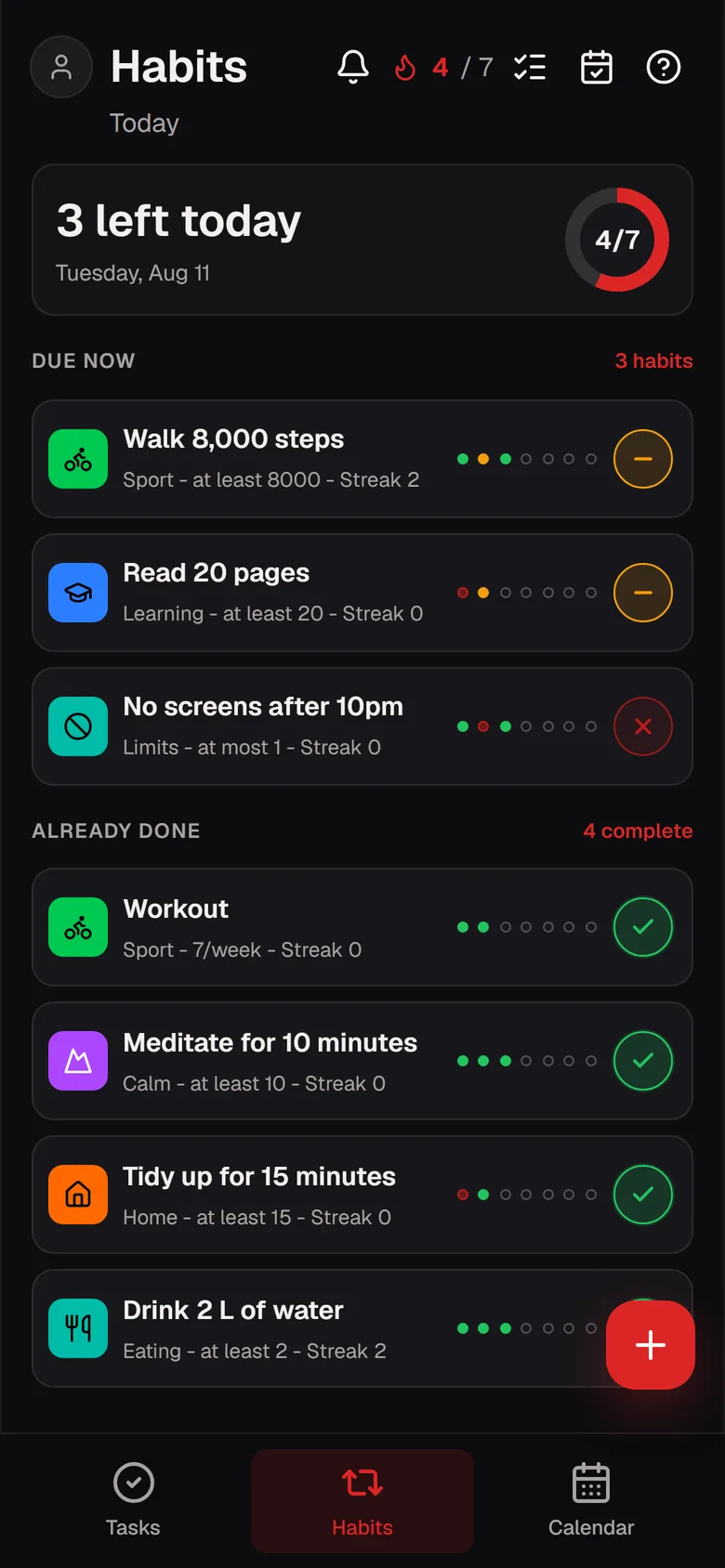 Taskessa on a phone: today's habits and their streaks